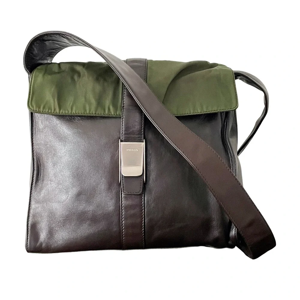 ❤️SOLD❤️Prada rare 90s brown nappa leather green Tessuto nylon shoulder bag - Picture 1 of 15